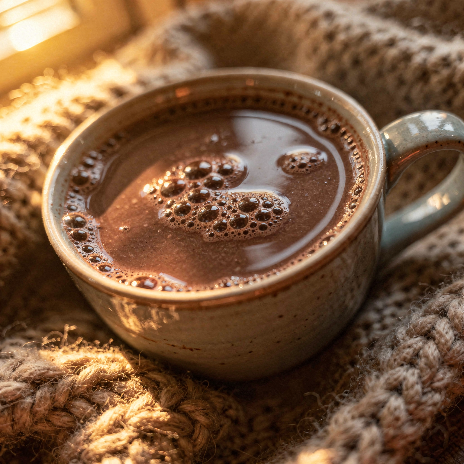 Vegan hot chocolate - single serving - velvety smooth liquid - deep brown - frothy top