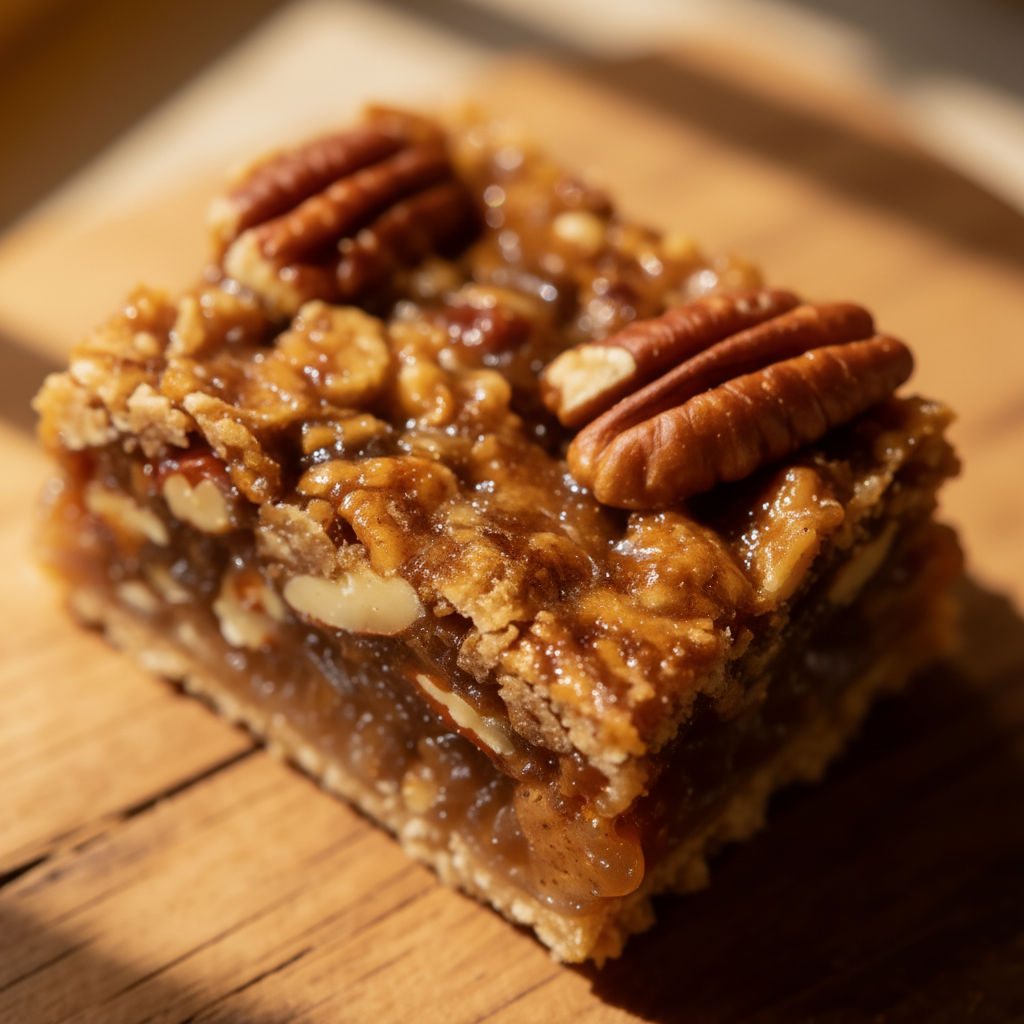 Vegan Pecan Pie Bars - extreme macro detail of gooey, caramelized pecan topping